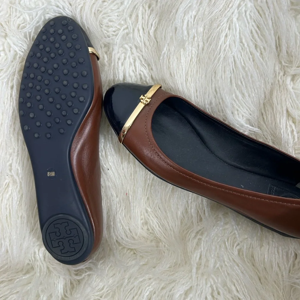 Tory Burch Pacey Cap-Toe‎ Brown Leather Ballet Flats Size 8.5M